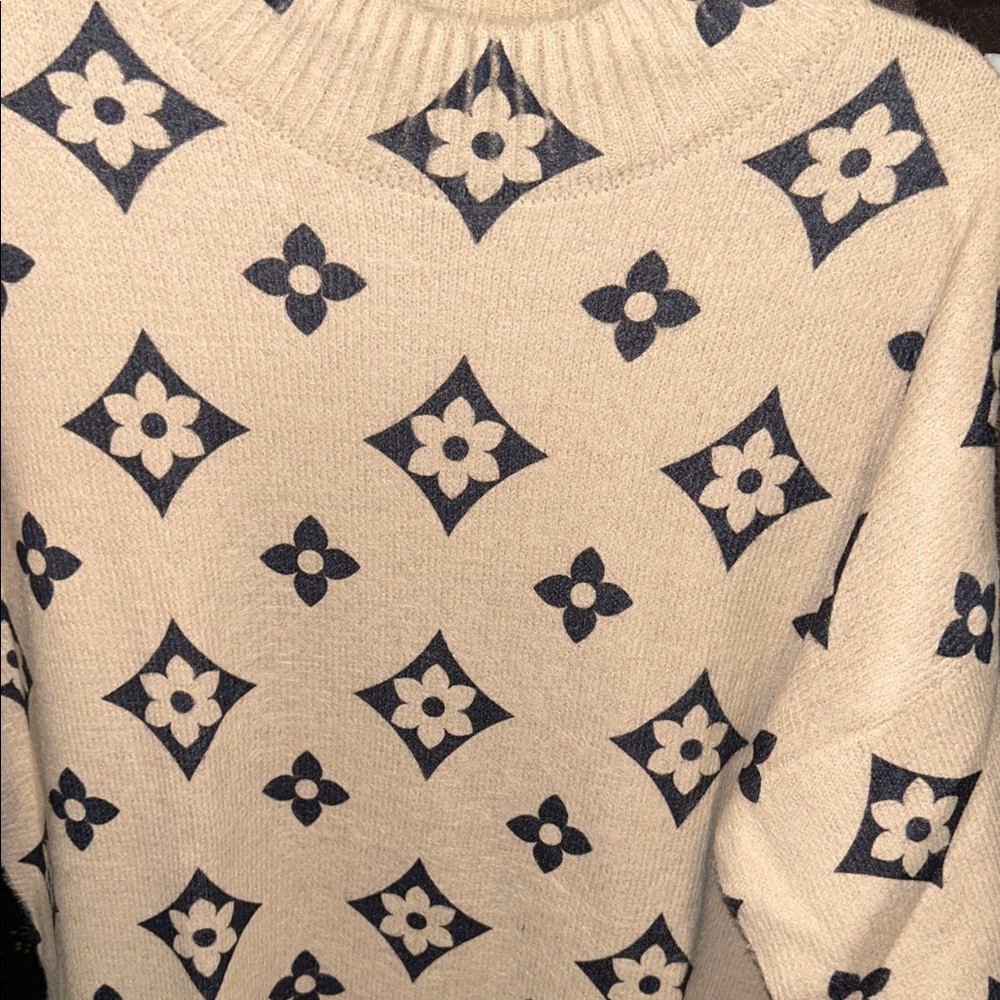 Elegant Navy and Cream Floral Turtleneck Sweater